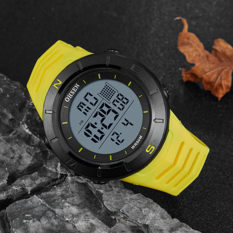 OHSEN mężczyźni zegarki elektroniczny zegarek Led odkryty wojskowy Wateroof żółty silikon 5ATM Dive stoper zegary cyfrowy zegarek
