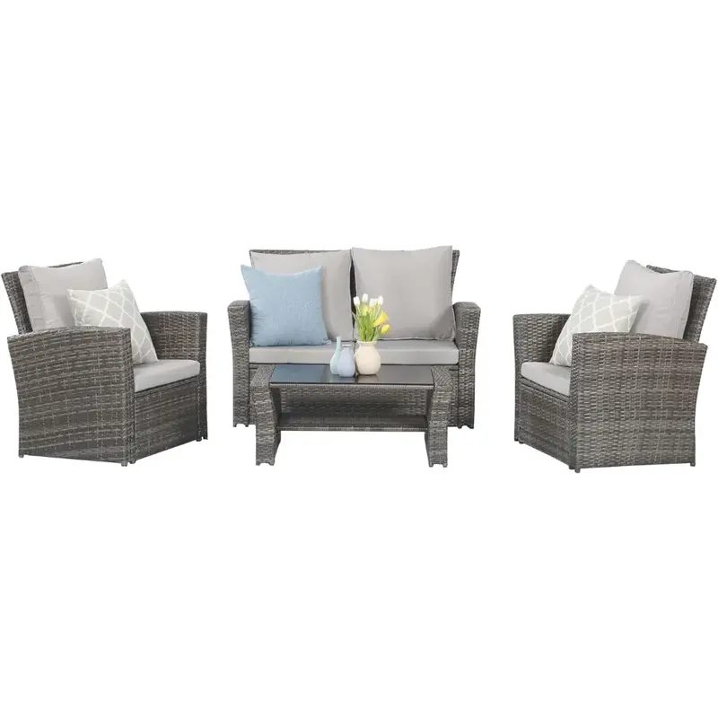 Wicker Conversation Set for Porch Deck Camping Gray Rattan Sofa Chair With Cushion Igt Camping Table Patio Furniture Outdoor Set