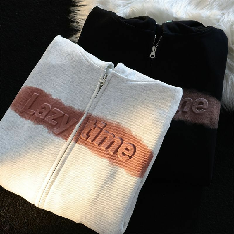 High Quality 3D letter zip up hoodie Street loose sweater Korean loose couple oversized hoodie y2k goth winter clothes women
