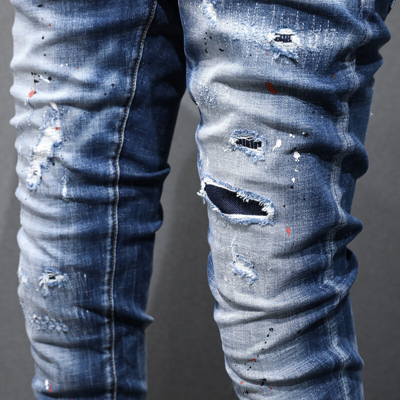 جينز رجالي بتصميم أنيق بنطلون جينز ممزق أزرق عتيق مرن بناطيل دينم عتيقة مرسومة