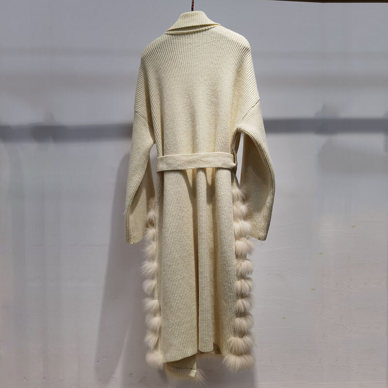 Kobiety długi sweter z dzianiny płaszcz z prawdziwe futro z lisa Stripe Sews z długim rękawem jesień kobiet luźne płaszcze sweter dziergany znosić