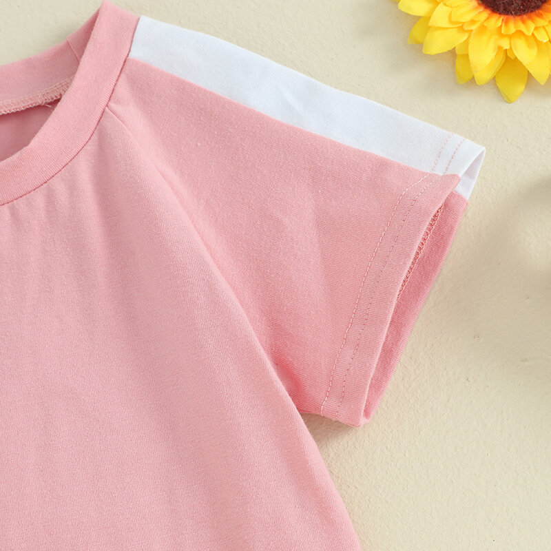 VISgogo Zestaw ubrań dla dziewczynek Kontrastowa koszulka z krótkim rękawem i spodenki z elastyczną talią Maluch 2-częściowy strój codzienny
