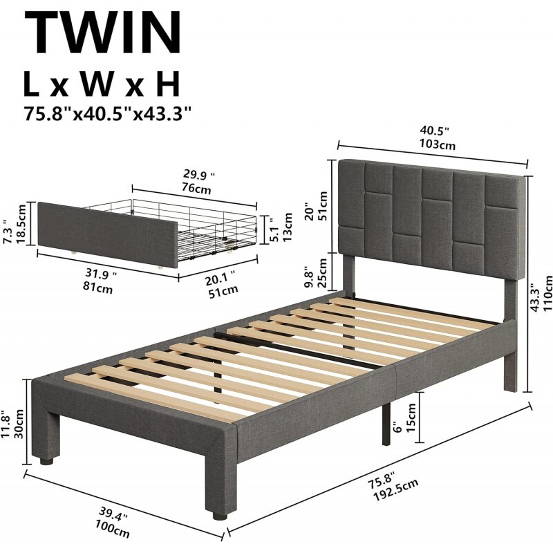LIKIMIO Twin Bed Frame dengan XL di bawah tempat tidur laci, Platform dilapisi kain dengan Headboard, tanpa kotak pegas diperlukan/bebas kebisingan, abu-abu