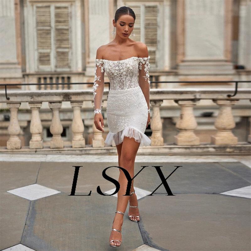 Lsyx-女性用ミニウェディングドレス、シースチュール、ボートネック、長袖、オープンバック、膝上、短いブライダルガウン、カスタムメイド
