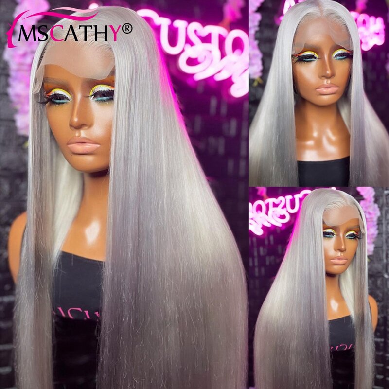 Wig Frontal renda abu-abu perak 28 inci 13x4 HD transparan lurus sutra Wig rambut manusia Virgin Brasil untuk wanita prepked