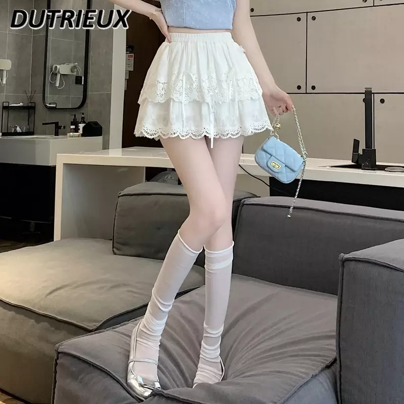 White Short Skirts Women's Puffy Lace 2024 New Spring Summer Sweet Cute High Waist Bow A- Line Casual Mini Skirt Female