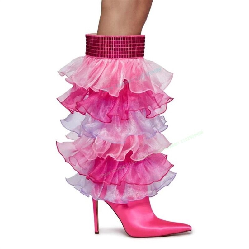 Siateczkowe kryształowe dekoracje buty do kolan spiczaste buty z palcami dla kobiet buty na cienkich wysokich obcasach Sexy Lady Fashion 2023 Zapatos Para Mujere
