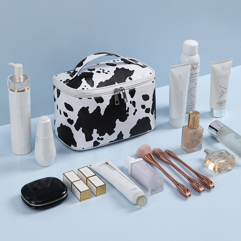 Bolsa de cosméticos con patrón de vaca personalizado, bolsa de aseo de gran capacidad, bolsa de almacenamiento de maquillaje portátil, estilo cuadrado transparente para mujer