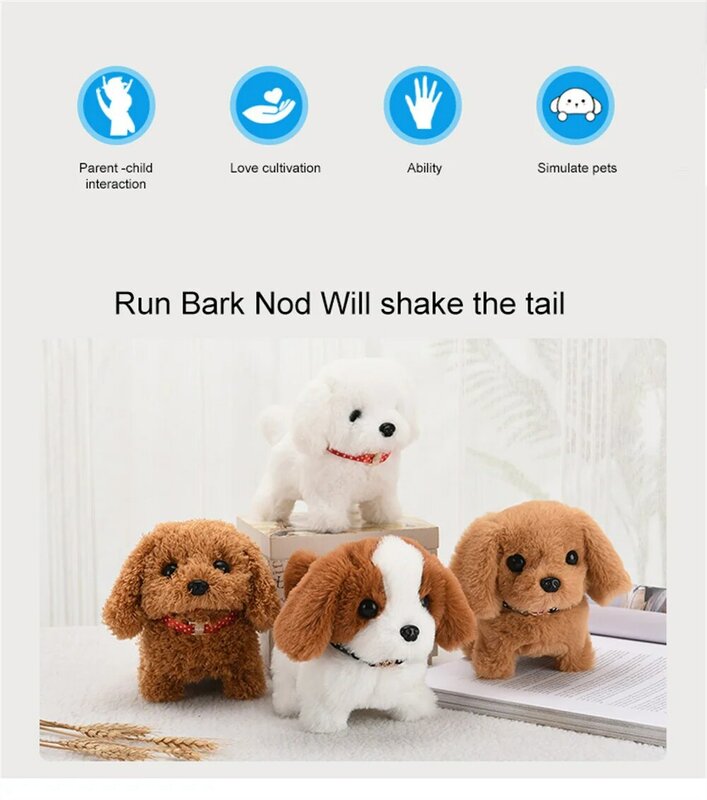 Elétrica Pet Simulação Plush Brinquedos sem Bateria, Brinquedo eletrônico bonito do filhote de cachorro, Can Walk Bark Nod, Cão robô