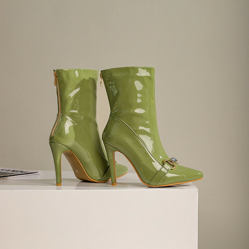 Zapatos de tacón de aguja con punta estrecha para mujer, botines elegantes de charol y Metal con diamantes de imitación, a la moda, para las cuatro estaciones, novedad de 2022
