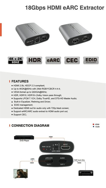 HD eARC Audio Extractor 4K/60Hz 18Gbps Splitters Adapter HD Audio Extractor eARC loop for Amplifier Soundbar Speaker HDTV