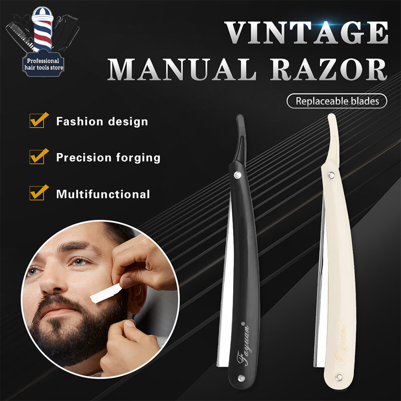 Aço inoxidável Pro Manual Shaver, Borda reta, Sharp Barber Navalha, Folding Barbear, Suporte Cortador De Barba, Ferramentas De Barbeiro