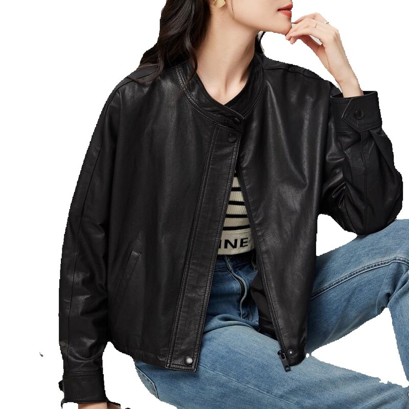 Genuine Leather Jacket, Women's Short Top Layer, Sheepskin, Fashionable Temperament, Commuting Bat Sleeves, Korean Loose Fitting