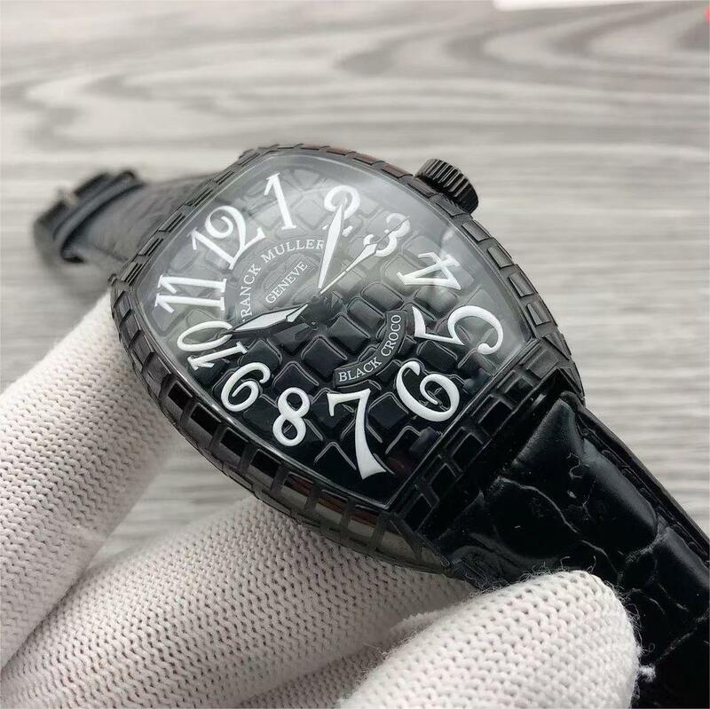 Frck Muller นาฬิกาสำหรับนาฬิกาออโตเมติกผู้ชายทำจากเหล็กแม่นยำพร้อมกล่องลายสก๊อตสามมิติสายหนังเรืองแสง