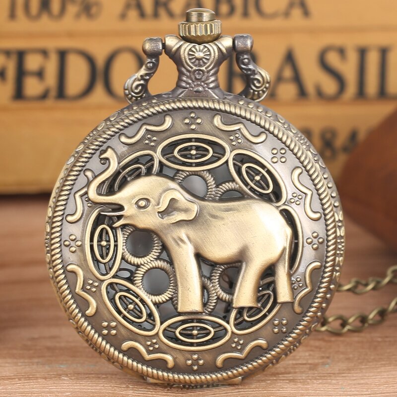Bronze Carved Elephant Lace Quartz Pocket Watch, Large Retro Watch