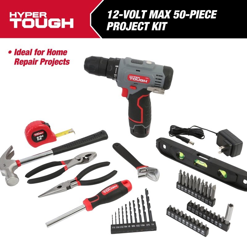 Hyper resistente Lithium-Ion sem fio Drill Driver, Kit de projeto, bateria, presentes para mamãe e papai, 3 ", 8", 12V Max, 50 pcs