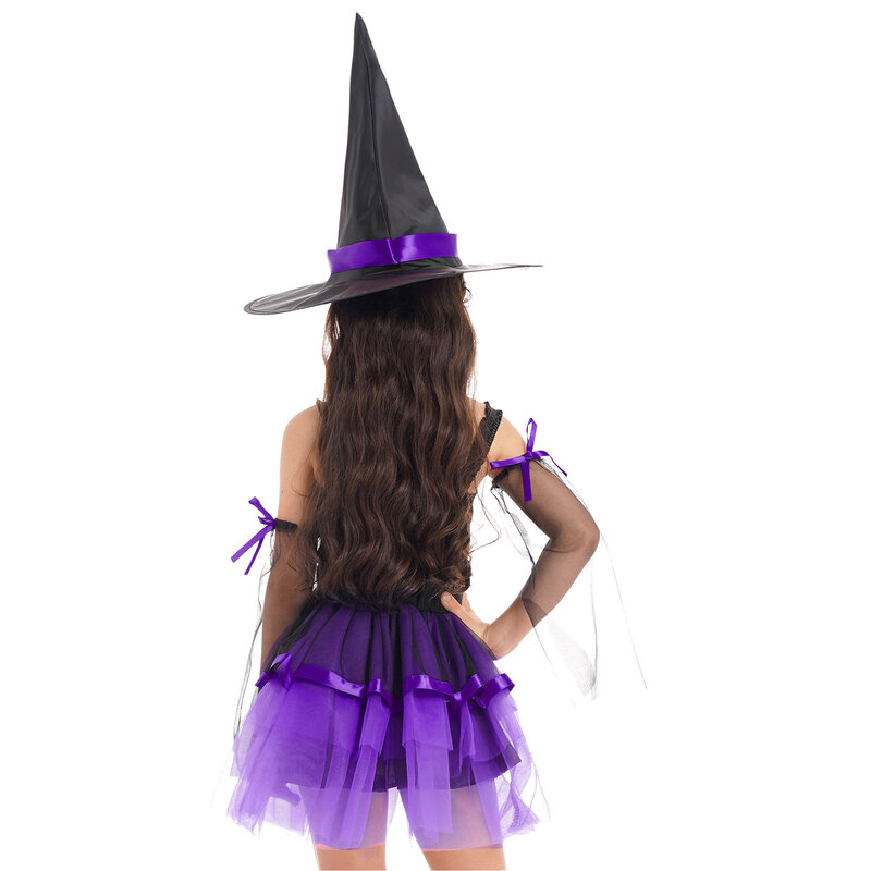 Vestido de Cosplay de bruja para fiesta temática de Halloween para niñas de 2 a 5 años, con sombrero puntiagudo, guantes para mascarada, disfraz de hechicera para carnaval