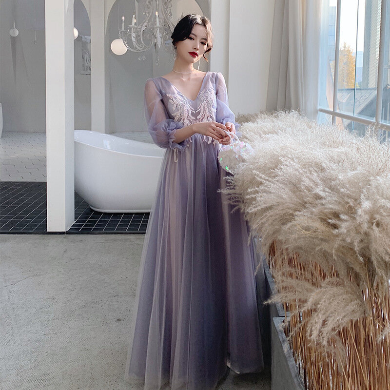 New Purple Bridesmaid Party Dresses Sister Group Long Sleeve Elegant Tulle A-line Dress Prom Gown Formal Evening Vestidos