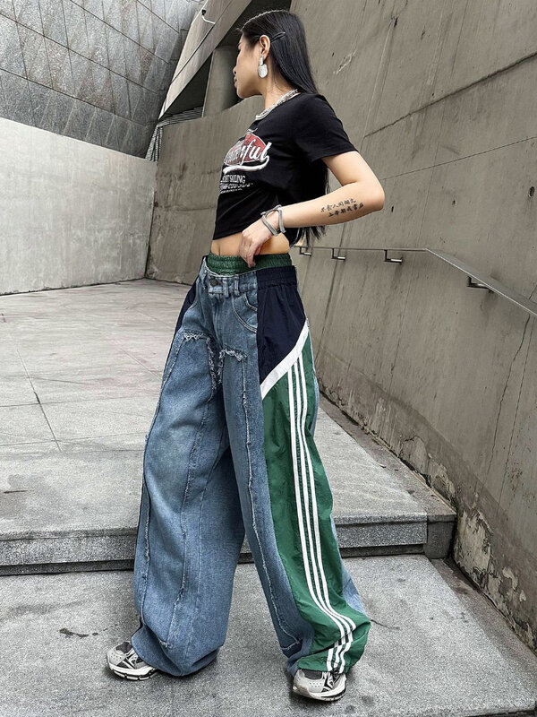 Calça jeans de cintura alta feminina, elástico, cor contrastante, solta, fina, retrô americano, perna larga, menina picante de rua, novo, 2024