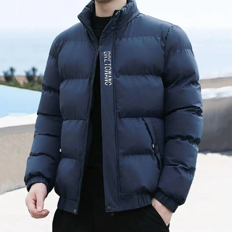 Jaqueta de algodão à prova de vento masculina, casaco de inverno elegante, jaqueta de algodão bonito, colarinho de lapela impresso, design curto