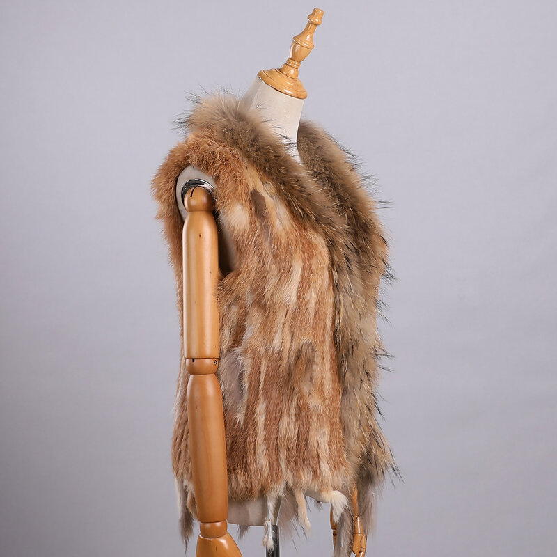 Boonjovia-女性のための本物のウサギの毛皮のベスト,アライグマの毛皮のトリムカラー,秋と冬のファッションのウエストコート,100%