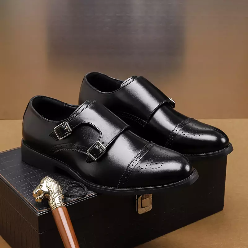 2024 New Men Formal Shoes Leather Business Casual Oxford Shoes High Quality Gentleman Double Buckles Pointed Dress Wedding Shoes