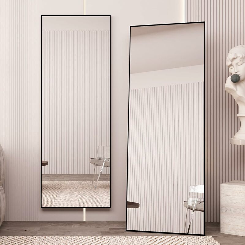 Beauty4U-Full comprimento espelho com suporte, montagem na parede preta, corpo inteiro espelho, armação de metal, 65 "x 24"