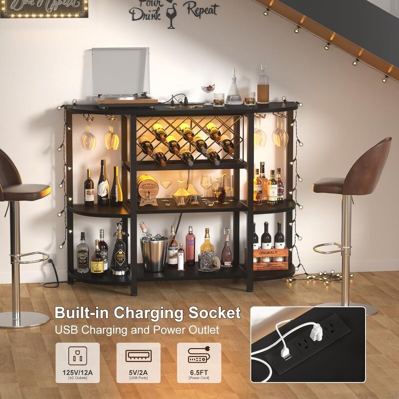 Unikito-Metal Coffee Bar Cabinet com Outlet e Luz LED, Piso Autoportante, Bar Mesa para Licor, Suporte de Vidro, 4-Tier