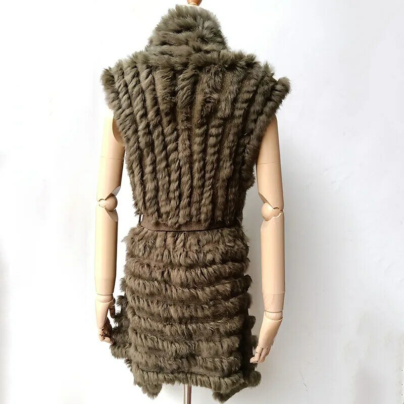 Chaleco de punto a rayas de piel de conejo auténtica para mujer, chaleco suelto sin mangas con cinturón, color negro, 2023