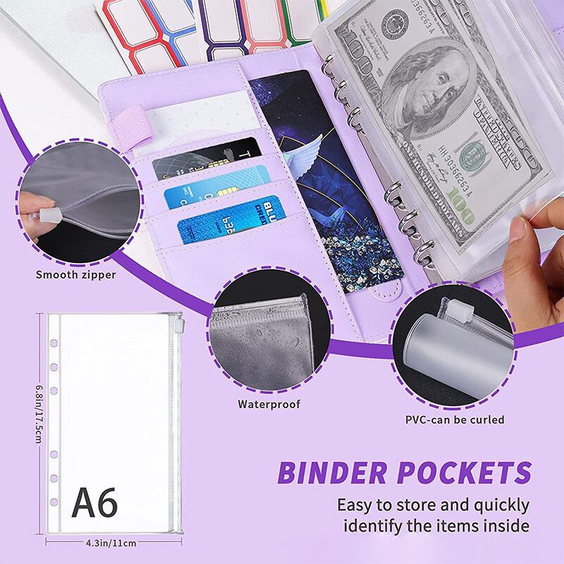 Orçamento Binder com bolsos com zíper, organizador de envelopes de dinheiro, folhas para economizar dinheiro, etiquetas auto-adesivas, A6