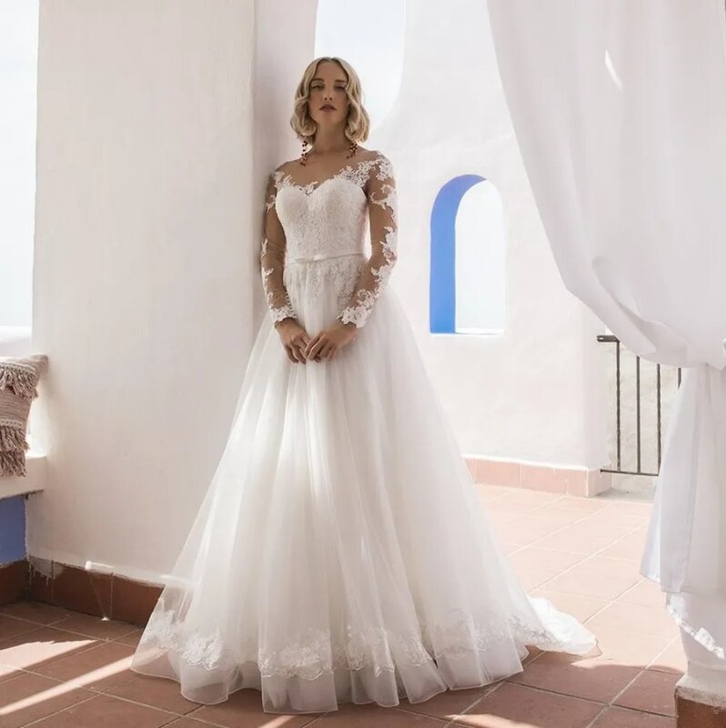 Charmante neue Hochzeits kleid O-Ausschnitt lange Ärmel Spitze Applikationen A-Linie Tüll bodenlangen Strand Hochzeit Party Kleid 2024 Vestidos