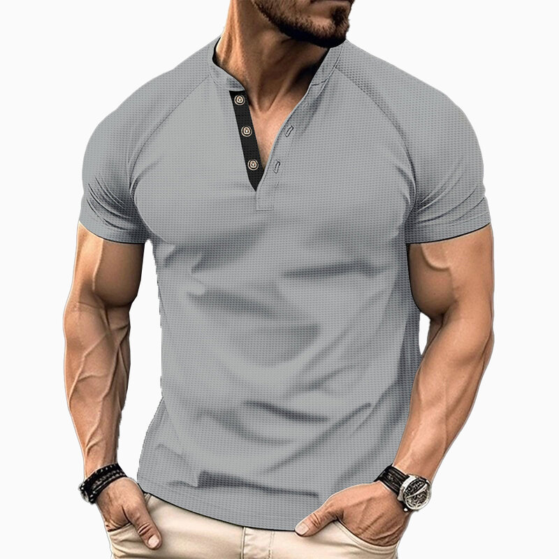 Pull en polyester à manches courtes pour hommes, chemises régulières, chemisier, t-shirt, bouton en Y, col en V, haut, tout neuf