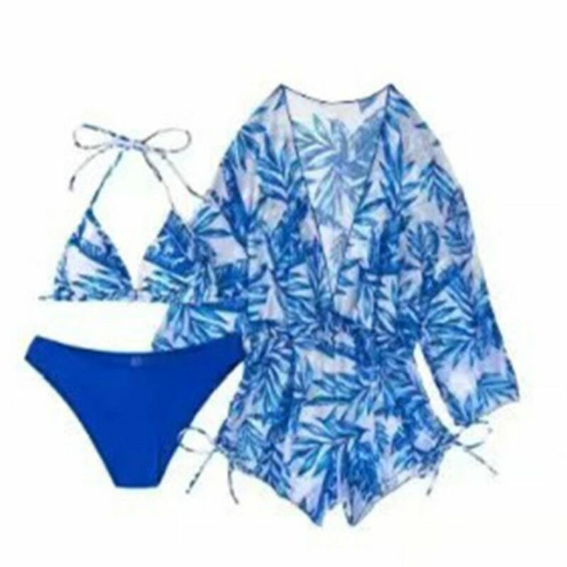 Conjunto de Bikini con tirantes y cuello Halter, traje de baño de manga larga con cordón lateral, sujetador de realce, 3 piezas