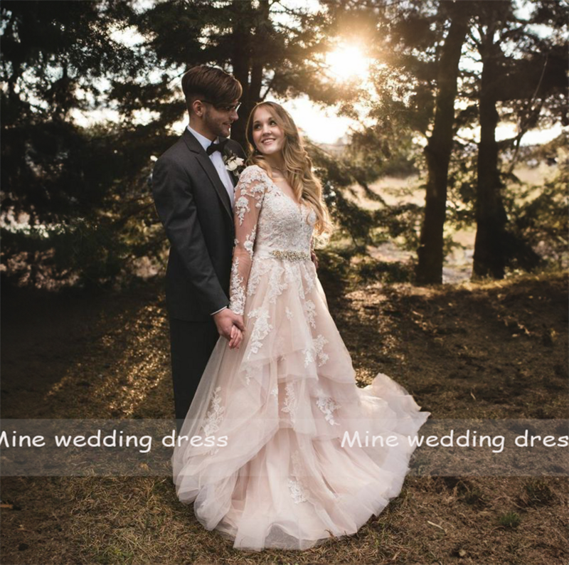 Gorgeous Champagne V-Neck Wedding Dress Corset Back Long Sleeves Delicate Lace Appliques Plus Size Bridal Dress with Belt