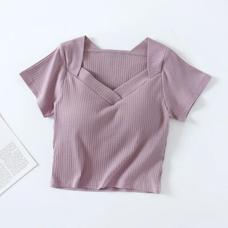 Short Sleeved V-Neck T-Shirt Chest Pad Underwear Top Cotton Summer Pajamas Tops Casual Sleepwear Bottoming Shirt For Women