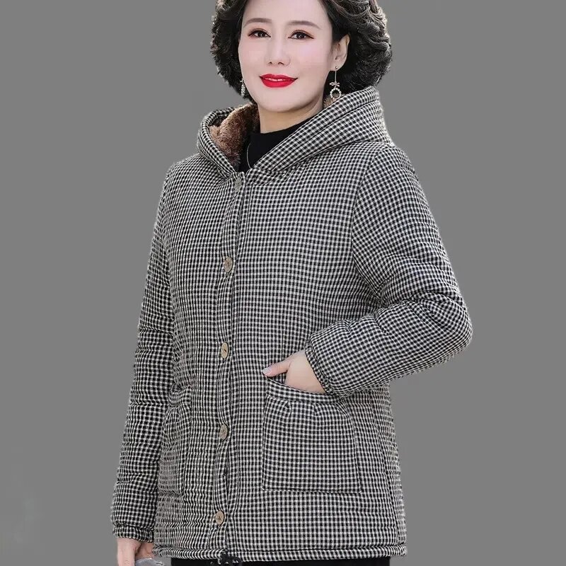 Jaket Hoodie Wanita musim dingin 2023, mantel bulu berkerudung, jaket berlapis katun, jaket kotak-kotak, atasan hangat tebal, mantel ukuran besar 5XL