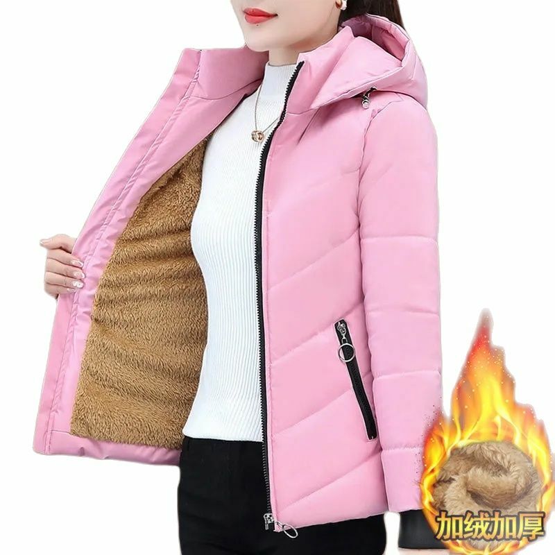 Новинка 2023 г., Женская хлопковая куртка с добавлением бархата, Женское зимнее флисовое теплое модное пальто с капюшоном, женские пуховики с подкладкой, пальто размеров M- 5XL