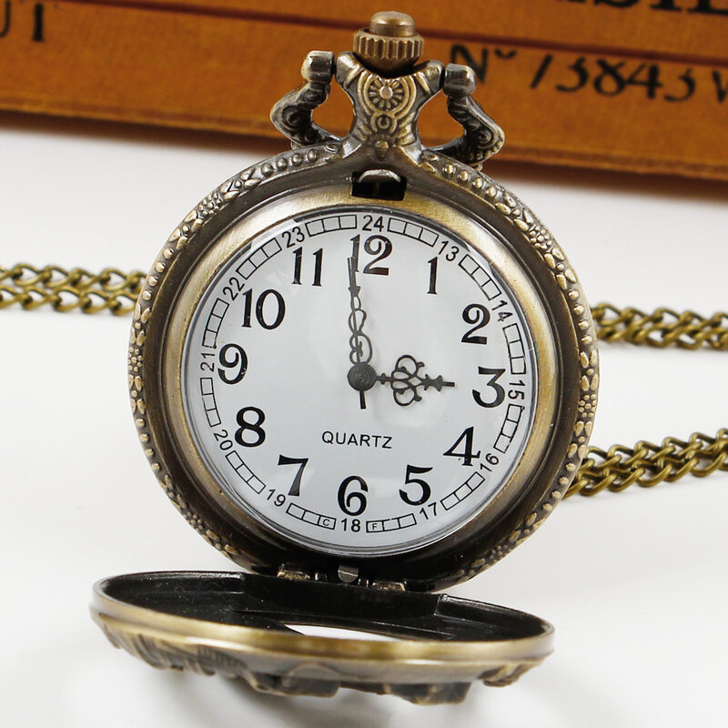Z ażurową dekoracją kwarcowy zegarek kieszonkowy z antycznym naszyjnik z brązu zegarek z daszkiem kobiety mężczyźni prezenty