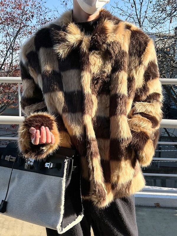 Faux Fur Fox Fur Fashion Men damskie kraciaste futro długie rękawy jednopierś krótkie płaszcz ze sztucznego futra futro zintegrowane