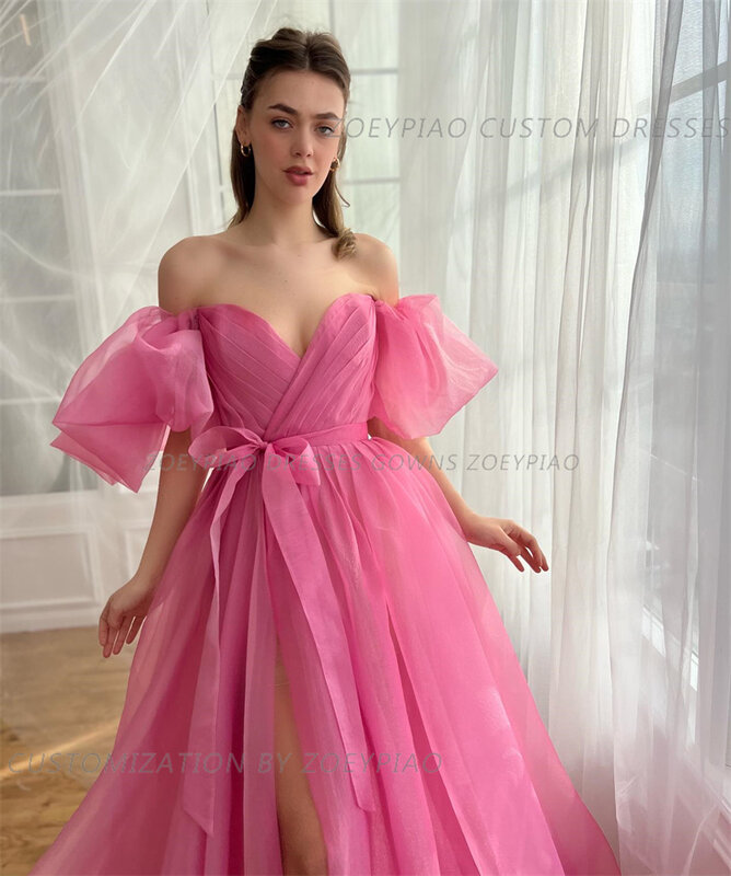 Różowa Organza A linia suknie balowe krótkie rękawy kobiety bez ramion suknie wieczorowe z kokardą sukienka na formalną imprezę
