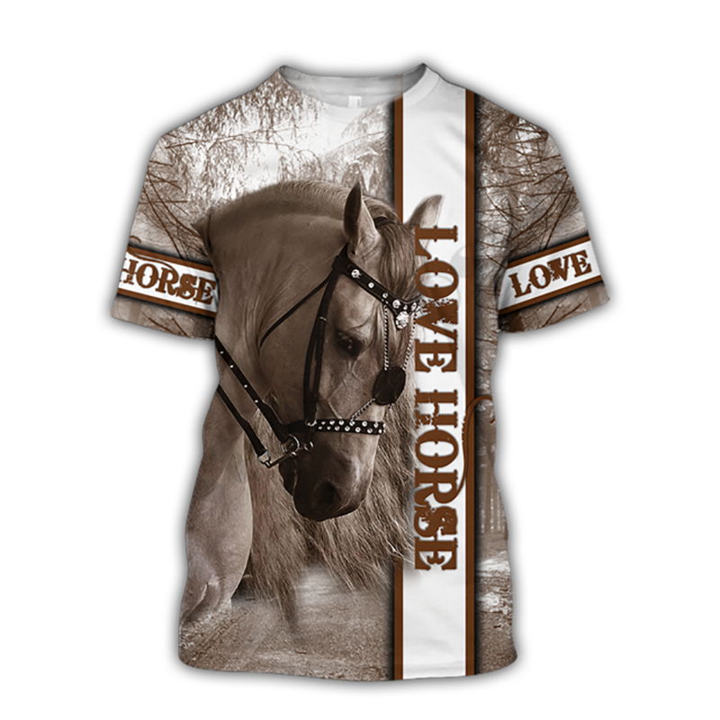 Kaus Kuda Gambar 3D Kaus Wanita Mode Uniseks Kaus Leher-o Longgar Besar Kaus Lengan Pendek Kasual Pakaian Kuda