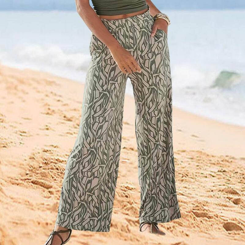 Casual Trousers Stylish Women's Elastic Waist Wide Leg Pants with Pockets Casual Spring Summer Trousers for Vacation Work Ladies
