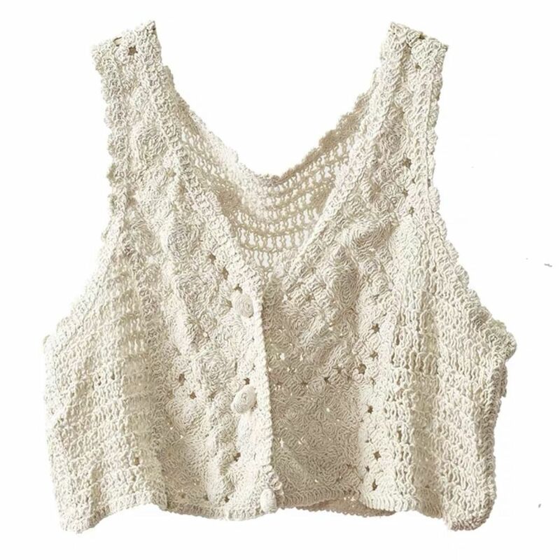 Hollow Out Vest Crochet Crop Tank Tops Vintage Sleeveless Fabric Beach Buttons Up Cardigans Chic Knitted Casual Tops Women