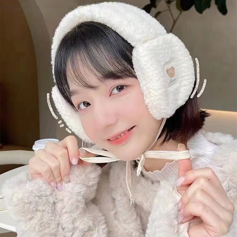 Słodki niedźwiedź koreański damski nauszniki zimowy ciepły pluszowe nauszniki ciepłe słuchawki nowe dorosłe krawat dziecięcy ochrona słuchu beżowy podgrzewacz do uszu