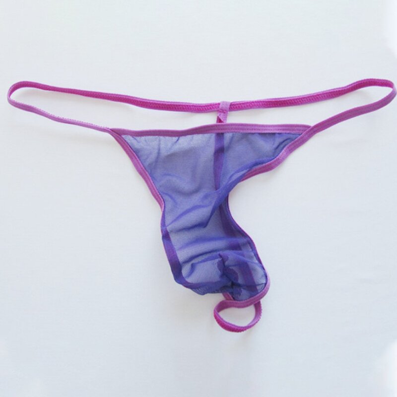 Celana dalam pria, tali dan G string cair regang kantong Thong pakaian dalam jala tembus pandang ultra-tipis Bikini pria Slip Homme