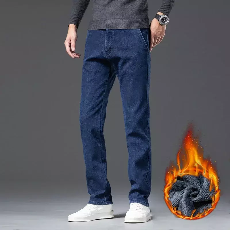 Celana panjang bulu domba lurus pria, Jeans hangat musim dingin kasual longgar gaya klasik warna Solid merek pakaian pria 3 warna