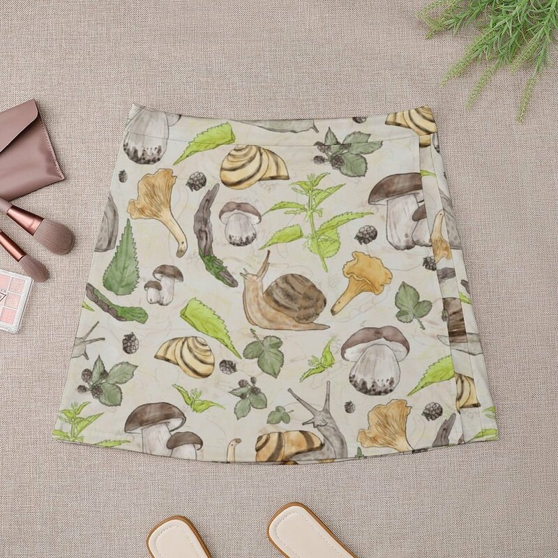 Woodland Snail in Watercolor Fungi Forest, Moss Green and Ochre Animal Pattern Mini Skirt korean style skirt