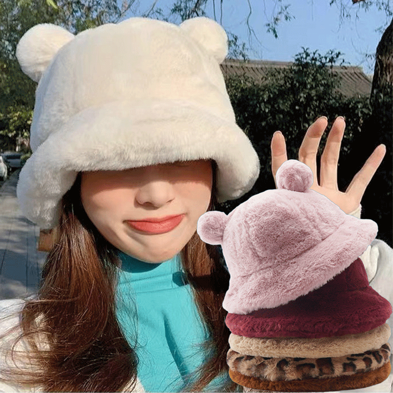 Moda jesienno-zimowa futro z lamparta kapelusz typu Bucket niedźwiedź ucho piłka pluszowy kapelusz rybaka miękki ciepły gruby umywalkowy kapelusz ochrony kapelusze wiadro