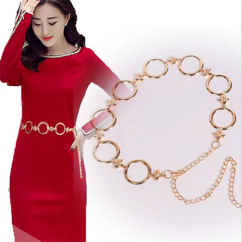 Corrente de cintura de metal banhado a ouro para mulheres, cinto feminino, cinto de decoração, cordão de metal circular, moda, 2023