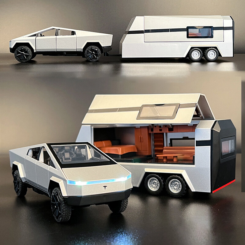 1:32 Tesla Cybertruck Model Y Trailer mobil paduan diecast & kendaraan mainan logam mobil mainan Model suara dan cahaya koleksi mainan anak-anak
